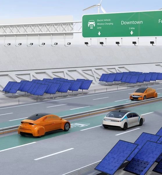 Электромобили, движущиеся по беспроводной зарядной полосе шоссе — стоковое фото