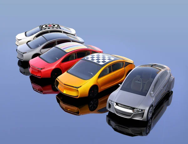 Colorful electric cars with graphic pattern on the roof — Stock Photo, Image