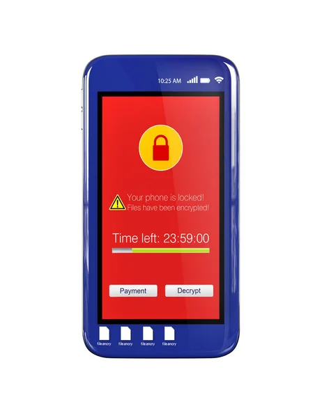 Screen of smartphone showing alert that the phone has locked by ransomware — Stock Photo, Image