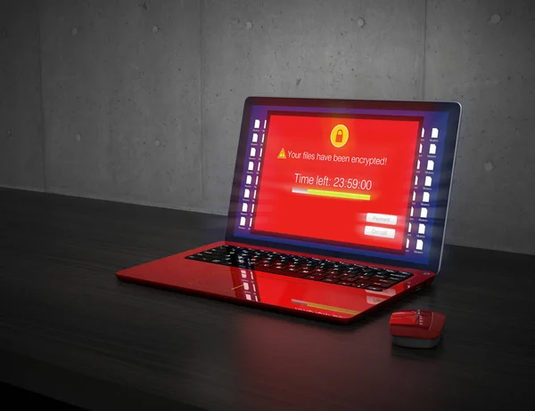 หน้าจอของคอมพิวเตอร์แล็ปท็อปแสดงการแจ้งเตือนว่าคอมพิวเตอร์ถูกโจมตีโดย ransomware — ภาพถ่ายสต็อก