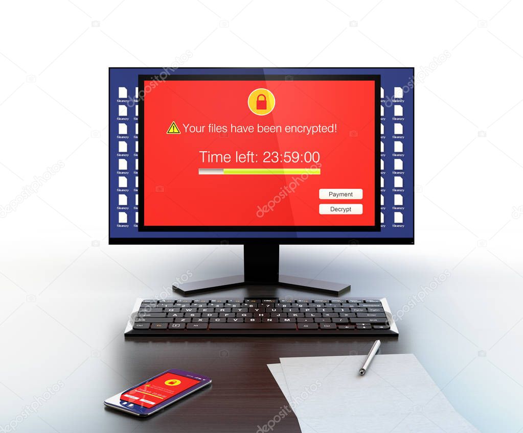 Screen of desktop PC and smartphone showing alert that the devices were attacked by ransomware