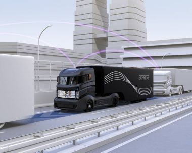 A fleet of autonomous truck driving on highway clipart