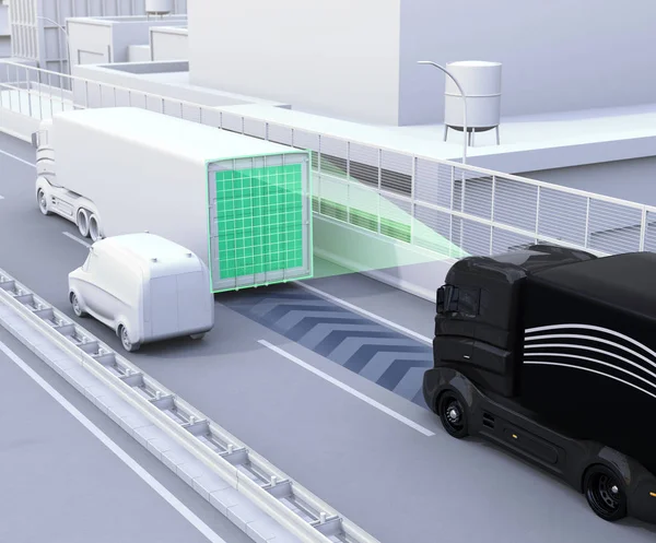 Eine Flotte autonom fahrender Lastwagen auf der Autobahn — Stockfoto