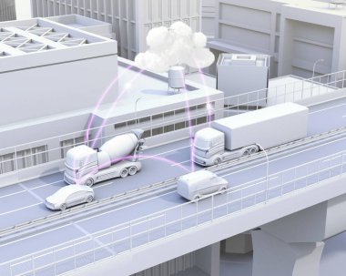 Cars on motorway sharing traffic information by computer network clipart