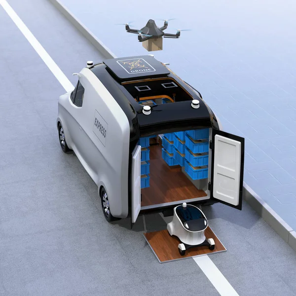 Самоуправляемый фургон, дрон и робот — стоковое фото