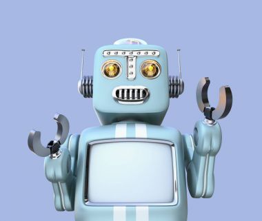 Retro robot üzerinde mavi arka plan izole önden görünümü