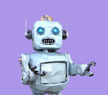 Düşük Poli retro robot üzerinde mor arka plan izole yürüyüş