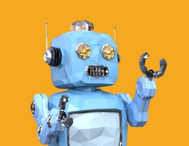 Düşük Poli retro robot üzerinde sarı arka plan izole yürüyüş