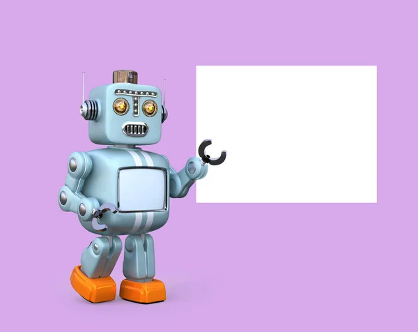 Cute retro robot with white board isolated on pink background — Stock Photo, Image