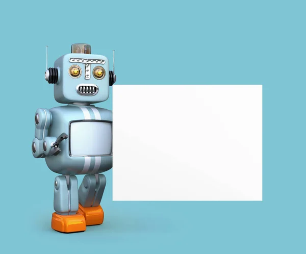 Robô retro bonito com placa branca isolada em fundo azul — Fotografia de Stock