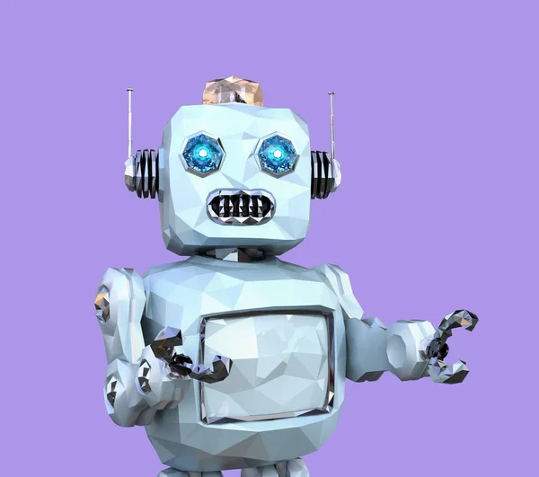 Low poly spaceru retro robot na białym tle na fioletowym tle — Zdjęcie stockowe