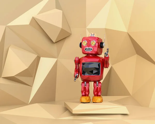 Red low poly robot in pastel yellow polygonal background — Stock Photo, Image