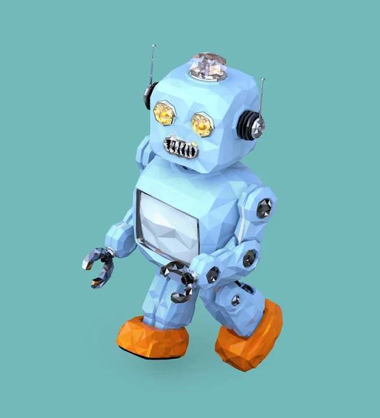 Low poly walking retro robot isolated on blue background — Stock Photo, Image