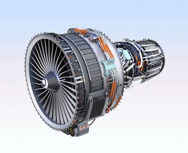 Turbofan jet motor üzerinde açık mavi renkli izole