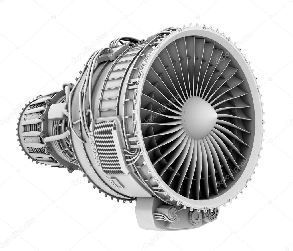 3D clay render of turbofan jet engine isolated on white background