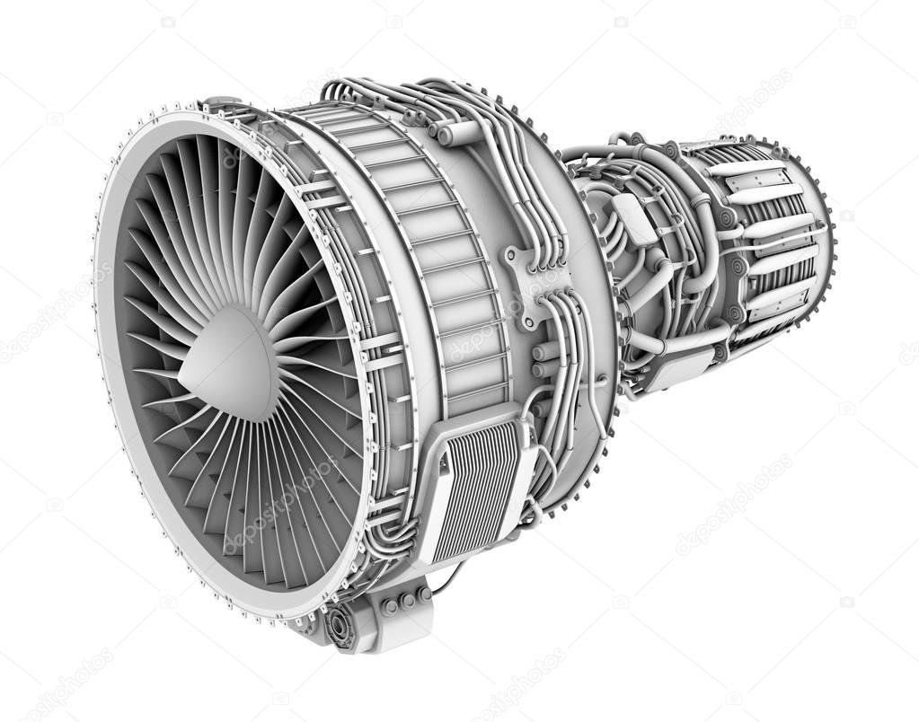 3D clay render of turbofan jet engine isolated on white background