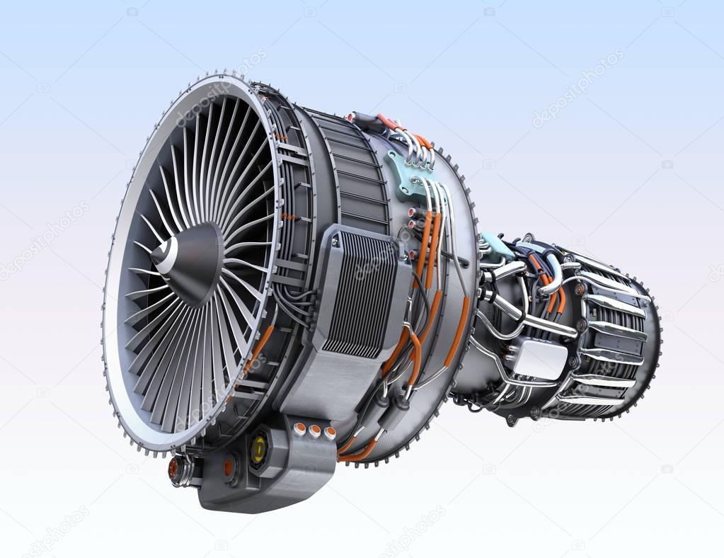 Turbofan jet engine isolated on light blue  background