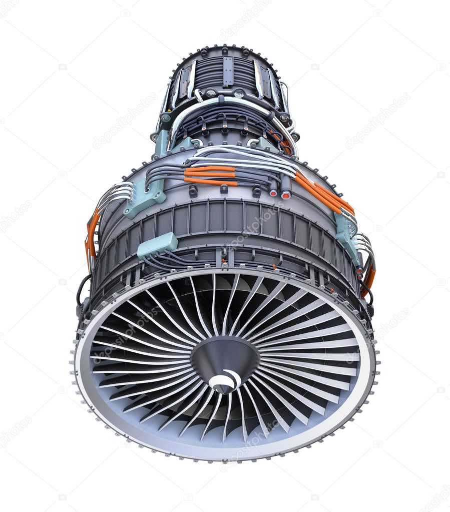 Front view of turbofan jet engine isolated on white background