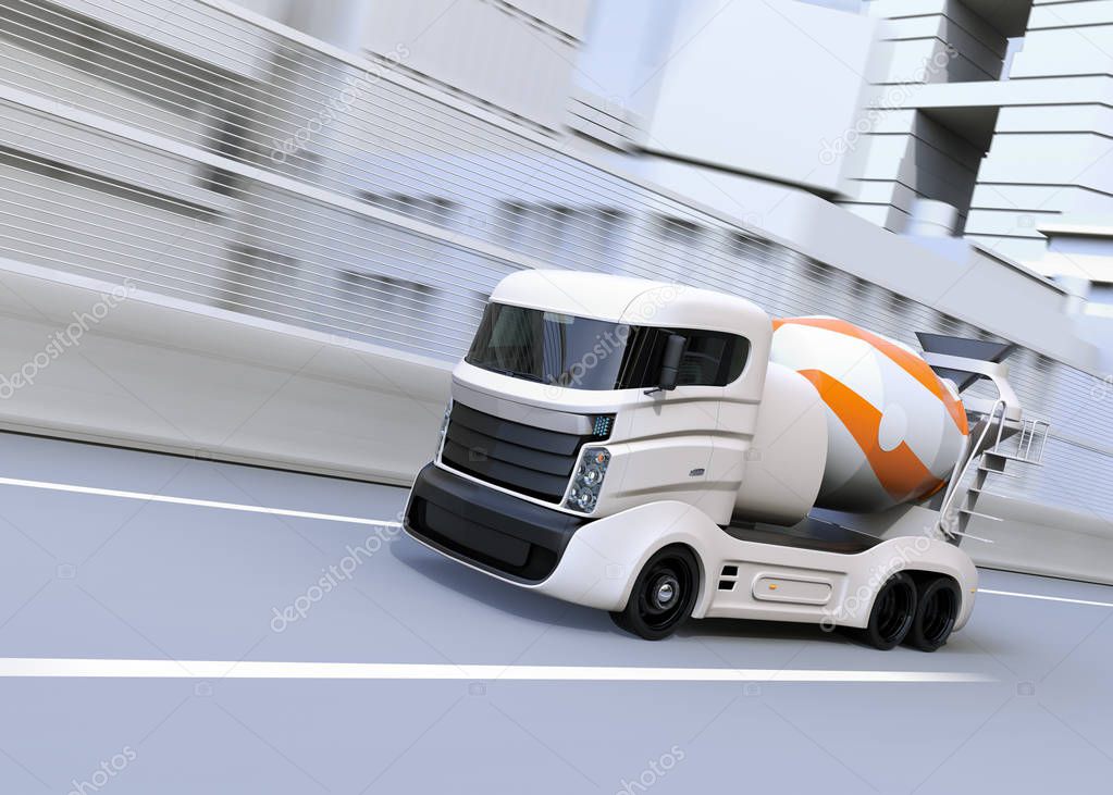 Concrete mixer electric truck driving on the highway