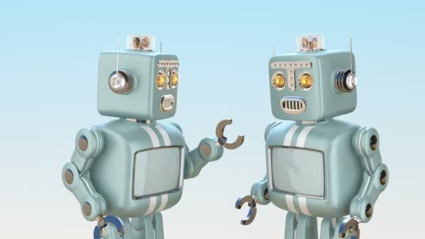 Два ретро-робота разговаривают друг с другом — стоковое видео