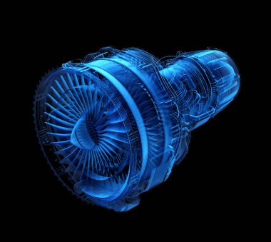 X-ışını stil turbofan jet motoru siyah arka plan üzerine izole