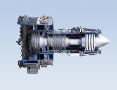 Turbofan jet motor üzerinde açık mavi renkli izole kesiti