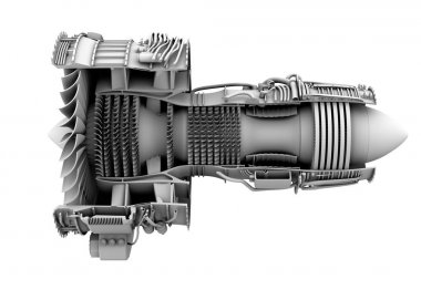 3D kil kesit render turbofan jet motor beyaz arka plan üzerinde izole