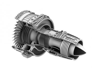 3D kil kesit render turbofan jet motor beyaz arka plan üzerinde izole