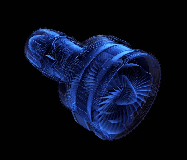 X-ray style turbofan jet engine isolated on black background — Stock Photo, Image