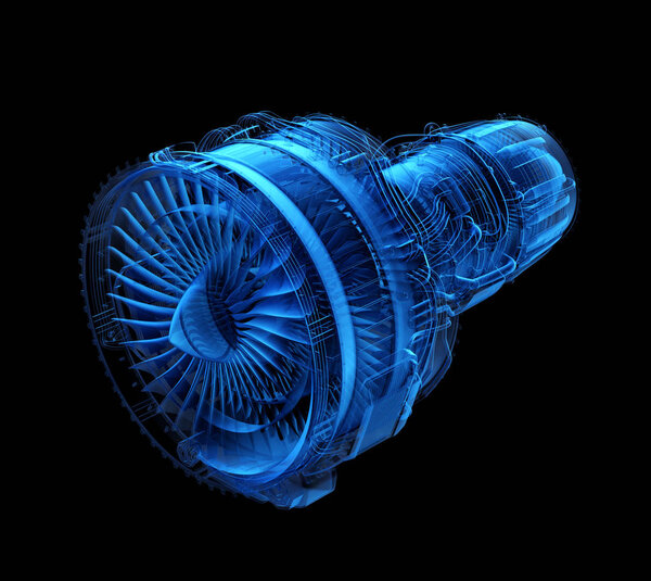 X-ray style turbofan jet engine isolated on black background