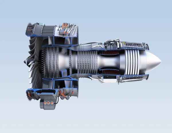 Secção transversal do motor a jacto turbofan isolado sobre fundo azul claro — Fotografia de Stock