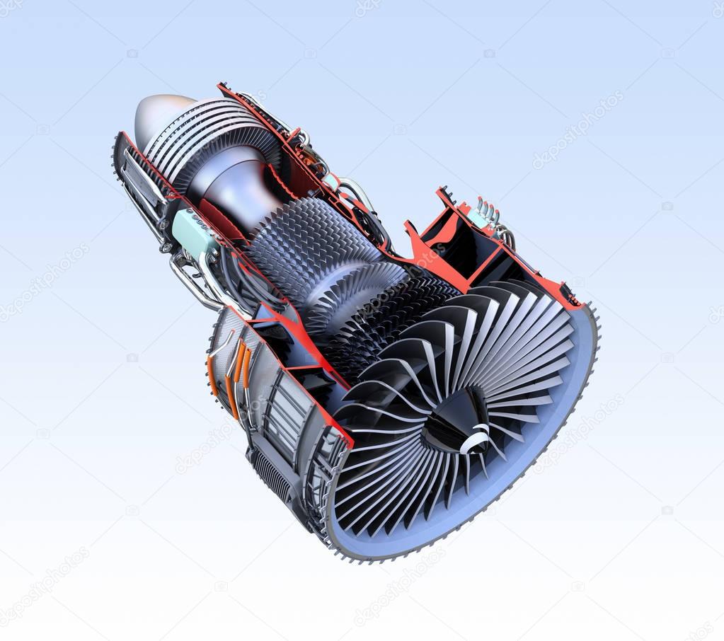 Cross section of turbofan jet engine isolated on light blue background