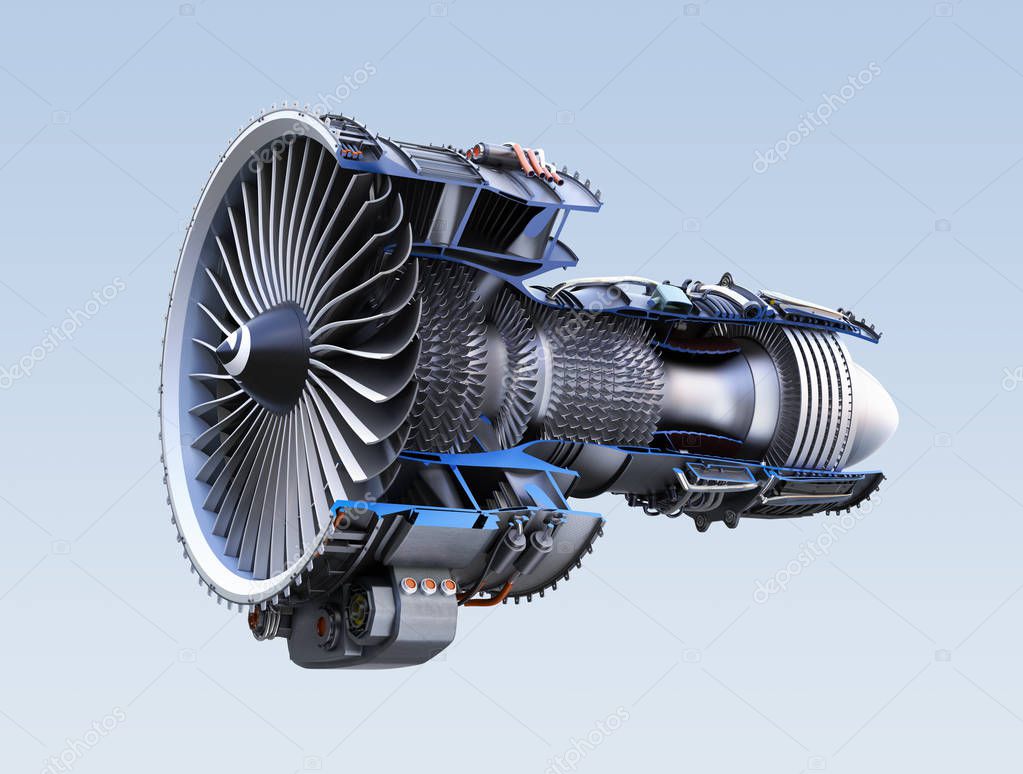 Cross section of turbofan jet engine isolated on light blue background