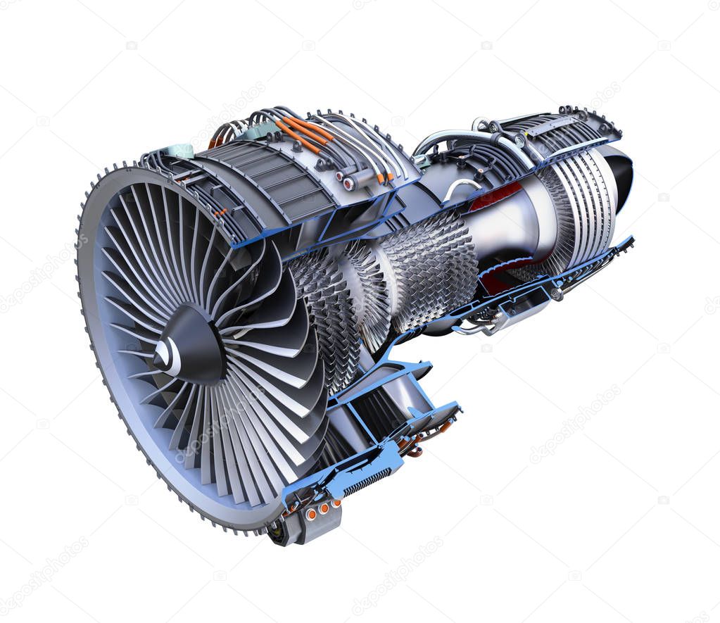Cross section of turbofan jet engine isolated on light blue background