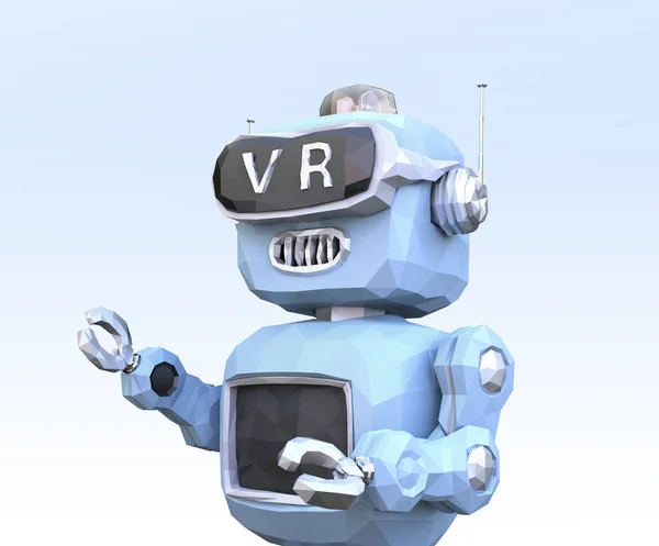 Primer plano del robot retro de polietileno bajo con auriculares VR sobre fondo azul claro —  Fotos de Stock