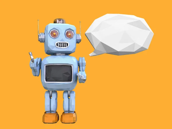 Low poly retro robot and white bubble isolated on orange background