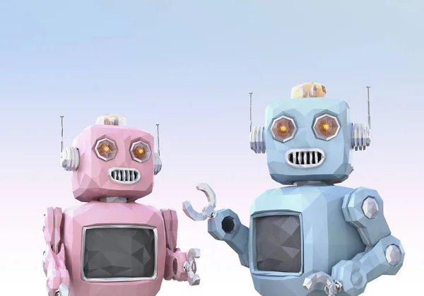 Roboter im Low-Poly-Stil unterhalten sich gerne miteinander — Stockfoto