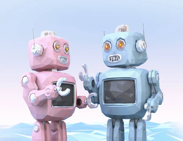 Low poly style robots are enjoyed chatting with each other — Stock Photo, Image