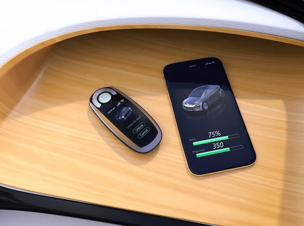 Inteligentny kluczyk i inteligentny telefon na desce rozdzielczej samochodu elektrycznego — Zdjęcie stockowe