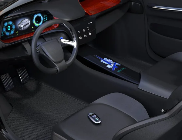 Smart car key on electric car's passenger seat — Stock Photo, Image