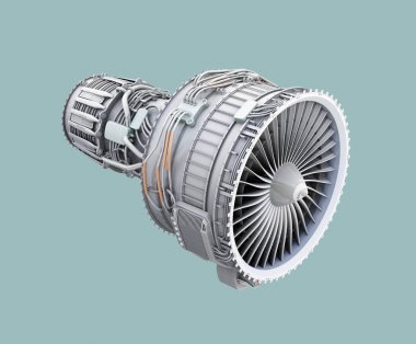 3D wireframe clay render of turbofan jet engine isolated on green background clipart