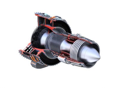 Beyaz arka plan üzerinde izole turbofan jet motor çapraz bölüm tel kafes