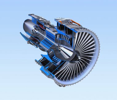 Turbofan jet engine's cross section frame isolated on blue background clipart