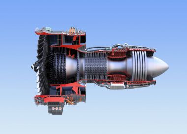 Side view of turbofan jet engine's cross section wireframe isolated on blue background clipart