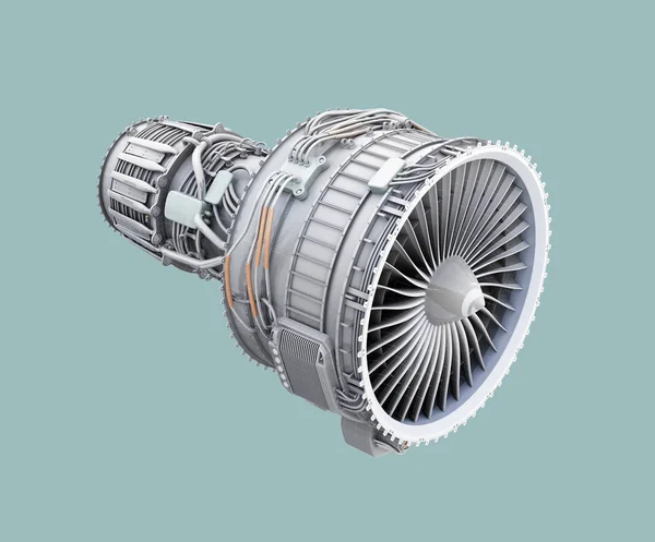 Representación de arcilla de marco alámbrico 3D del motor turbofan jet aislado sobre fondo verde —  Fotos de Stock