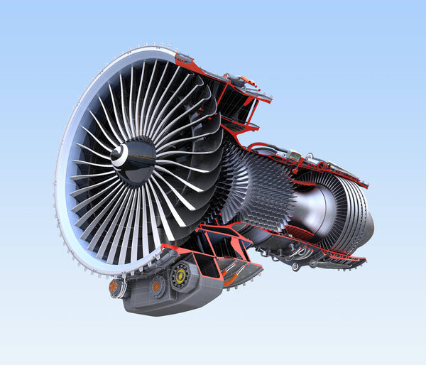 Turbofan jet engine's cross section wireframe isolated on blue background