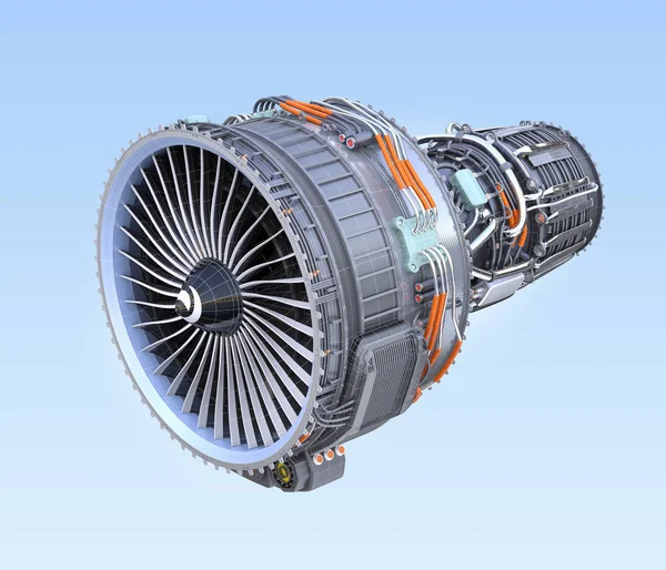 Motor a jato de turbofan Wireframe isolado em fundo azul — Fotografia de Stock