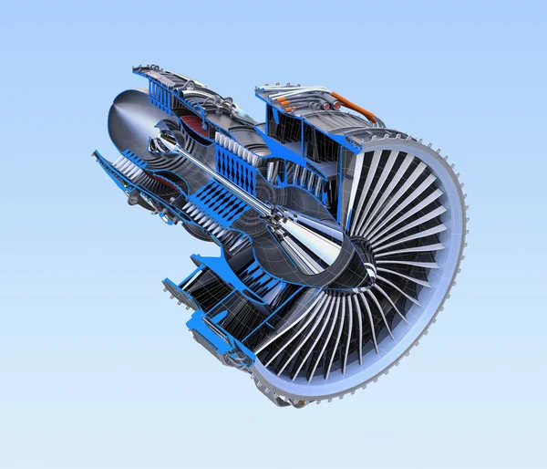 Turbofan jet engine's cross section frame isolated on blue background — Stock Photo, Image