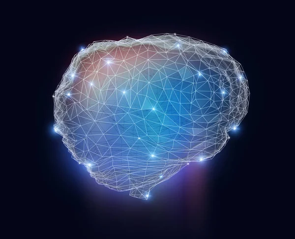 Modello di cervello a basso poli con wireframe isolato su sfondo blu scuro — Foto Stock