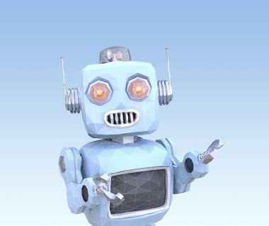 Düşük Poli stil robot üzerinde mavi arka plan izole tel kafes içinde